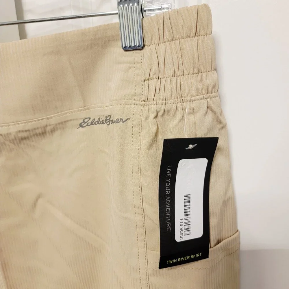 Eddie Bauer Size Large Twin River Stripe Cargo Skirt Beige Pull On Stretch NWT